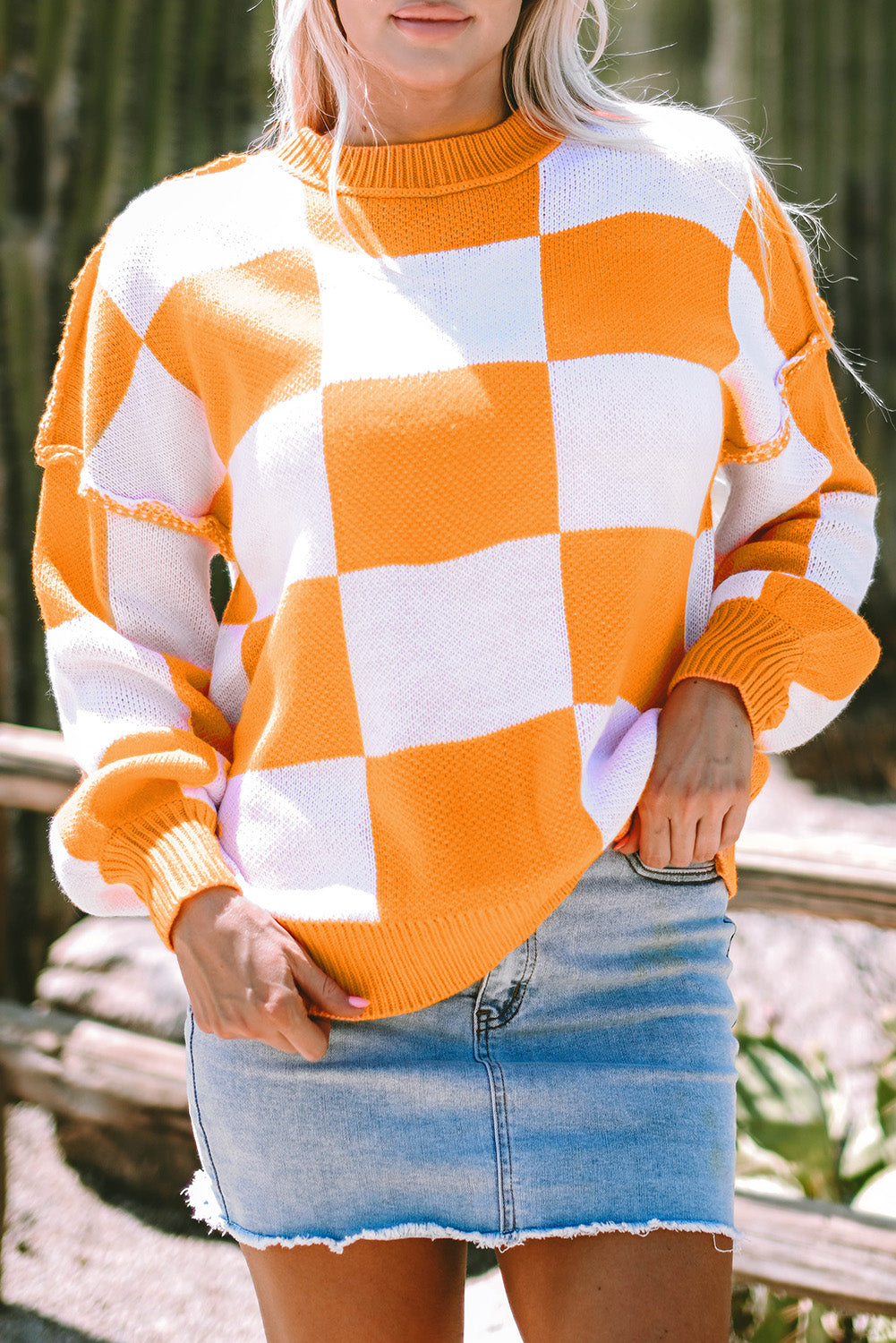 Green Checkered Bishop Sleeve Sweater