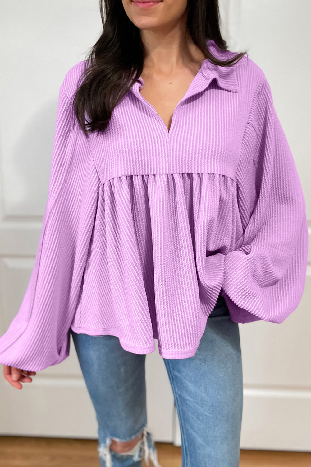 Bright Pink Corded Turn-down V Neck Bubble Sleeve Babydoll Blouse