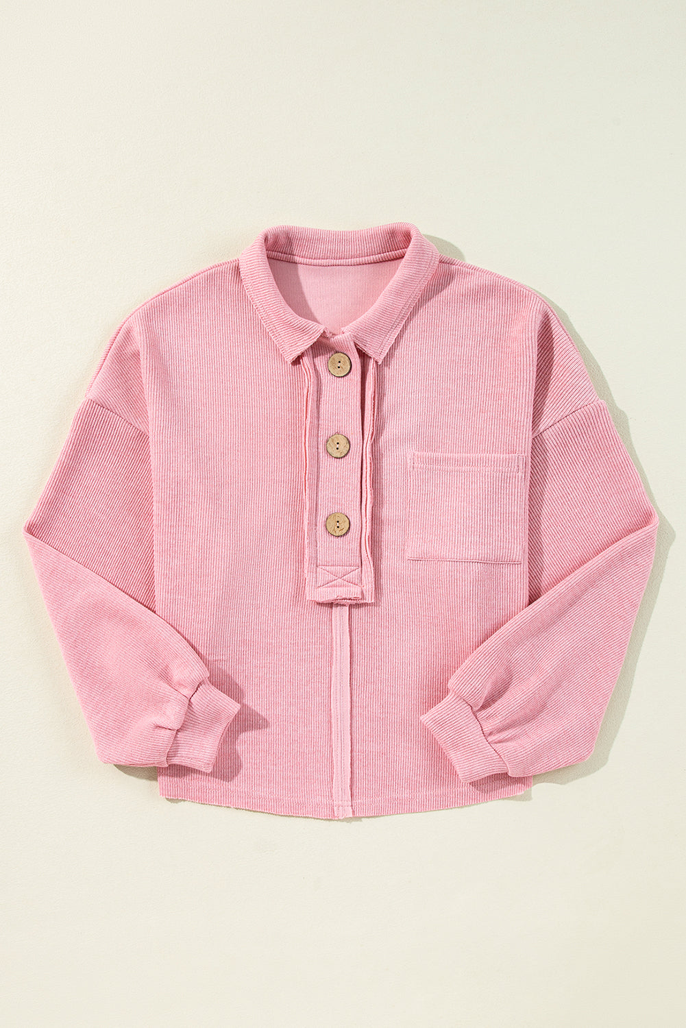 Pink Ribbed Knit Collared Henley Top with Chest Pocket