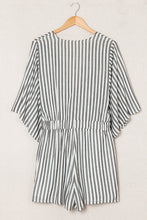 Load image into Gallery viewer, Gray 3/4 Wide Kimono Sleeves Tie Front Striped Romper with Pockets
