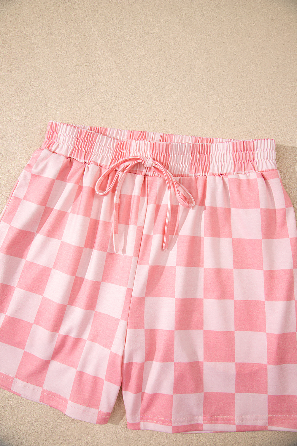 Pink Checkered V Neck Tee Drawstring Shorts Lounge Set