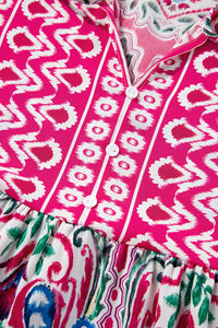 Pink Bohemian Print Tie Neck Ruffle Hem Short Dress