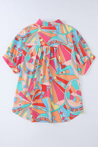 Multicolor Abstract Geometry Print Half Puff Sleeve Loose Shirt