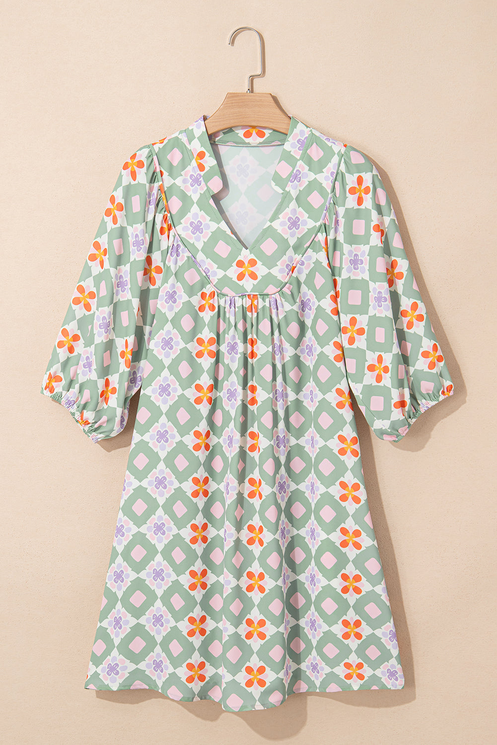 Green Geometric Floral Print 3/4 Sleeve Notched Neck Mini Dress