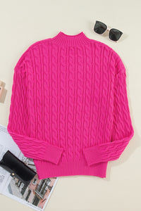 Rose Red Solid Cable Knit High Neck Drop Shoulder Sweater