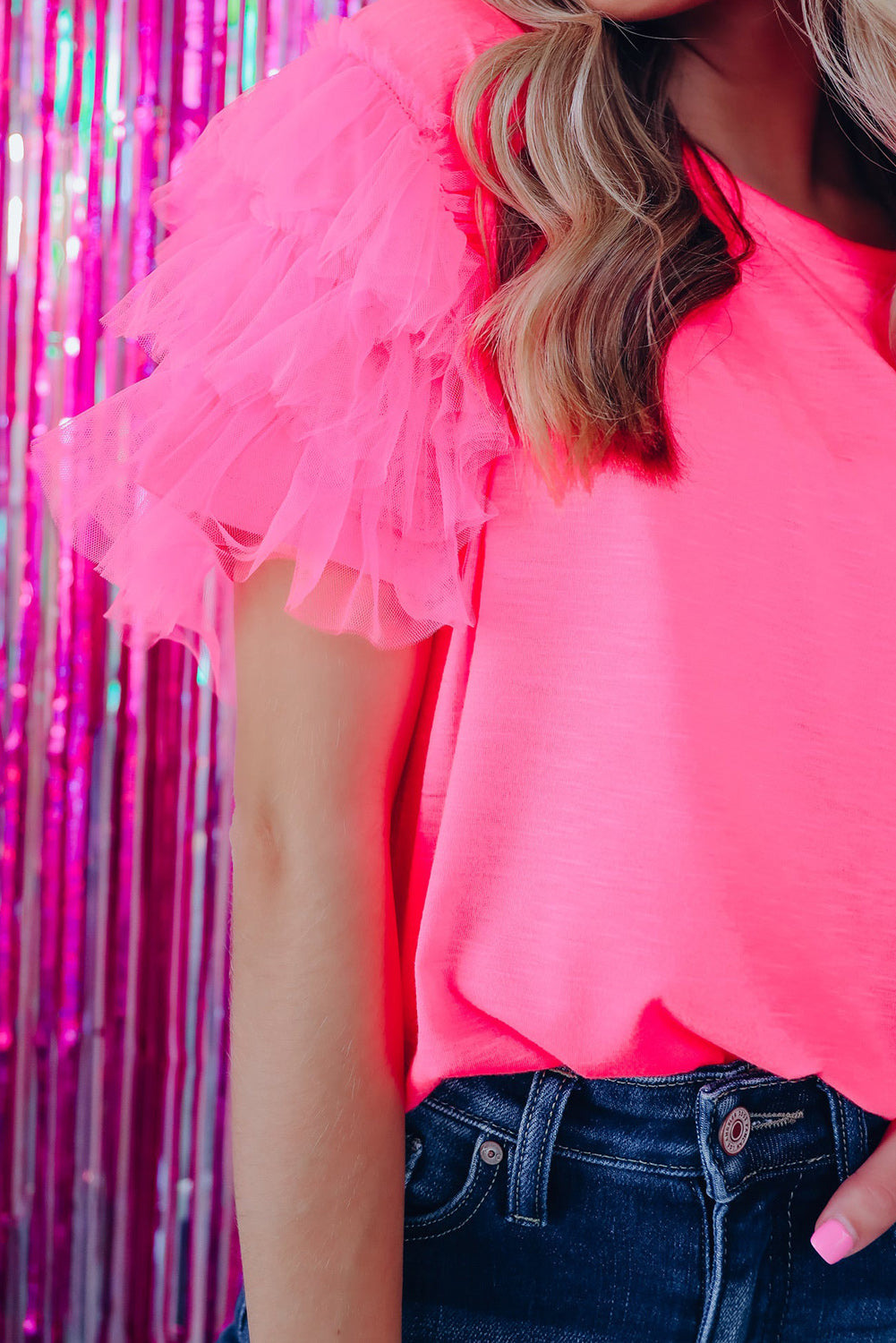 Fiery Red Tulle Ruffle Sleeve Top