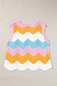 Multicolour Striped Colorblock Scalloped Hem Knitted Vest