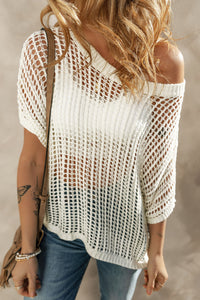 Apricot Fishnet Knit Ribbed Round Neck Short Sleeve Sweater Tee