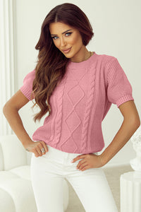 Pink Cable Knit Mixed Textured Short Sleeve Sweater