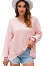 Load image into Gallery viewer, Light Pink Waffle V Neck Long Sleeve Drop Shoulder Loose Blouse
