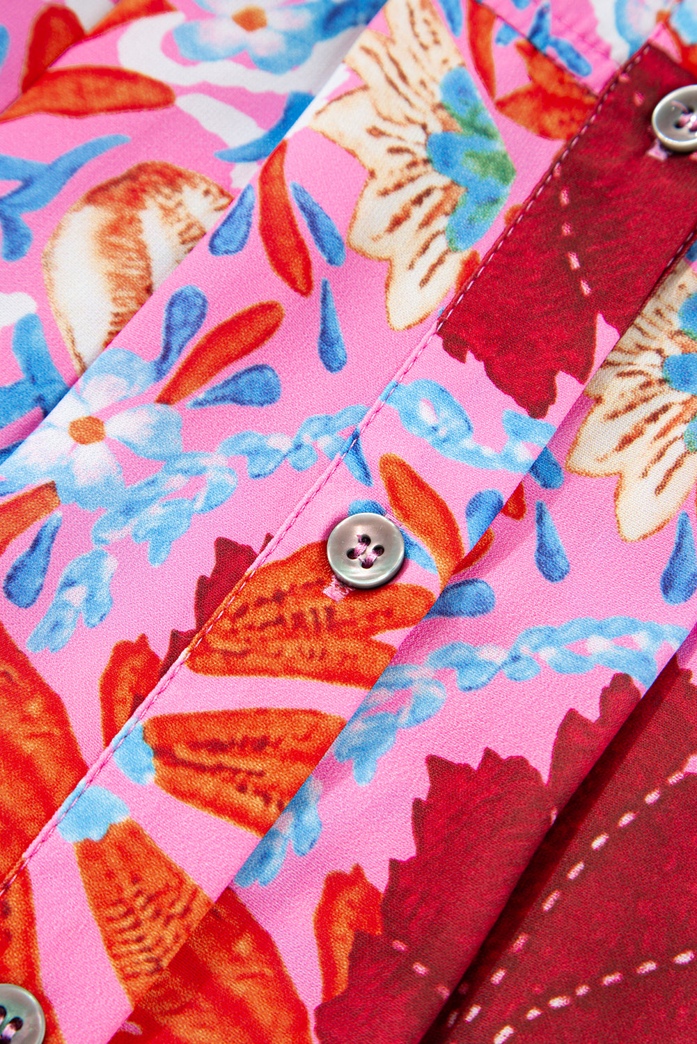 Pink Floral Print Bubble Sleeve Button Up Pleated Shirt