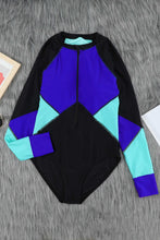 Load image into Gallery viewer, Green  Color Block Zipper Long Sleeve Rash Guard Swimwear
