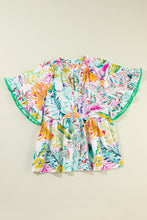 Load image into Gallery viewer, White Tropical Floral Print Ruffled Short Sleeve Blouse
