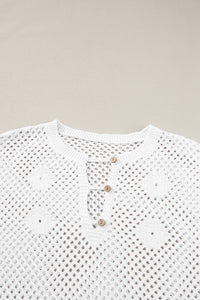 White Open Knit Buttoned Neck Split Sleeve Sweater