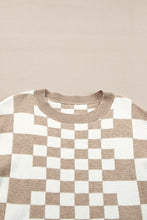 Load image into Gallery viewer, Khaki Checkered Print Drop Shoulder Round Neck Sweater
