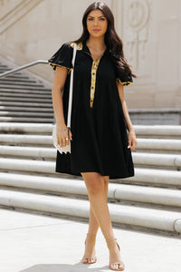 Black Sequin Trim Bubble Sleeve Game Day Shirt Dress