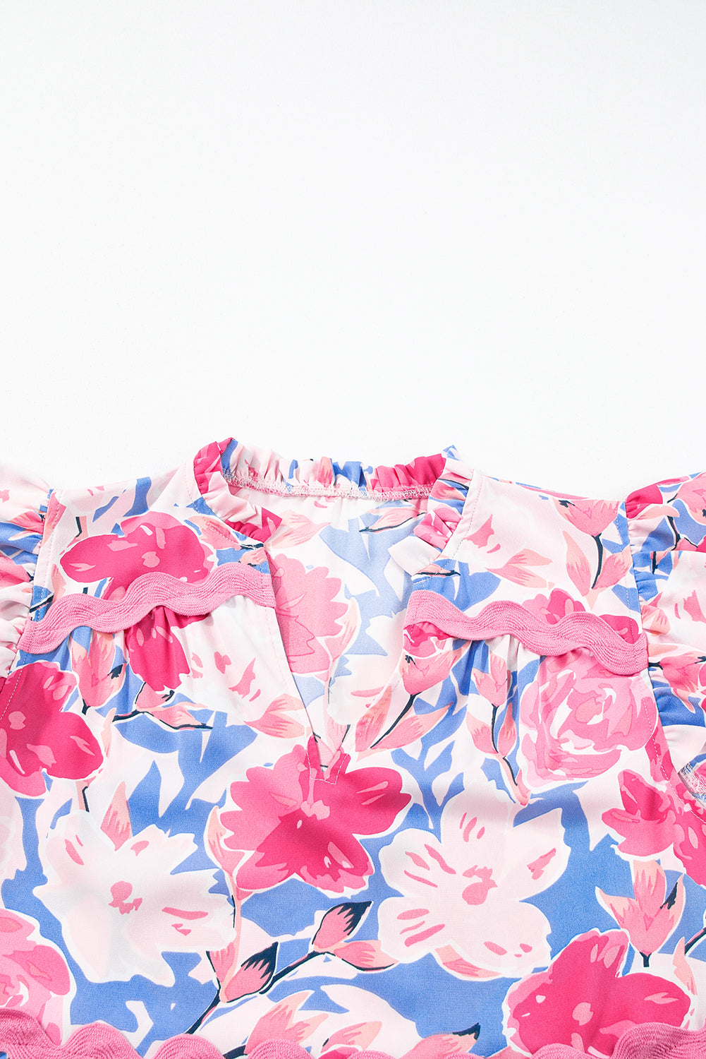 Sky Blue Floral Printed V Notched Ric Rac Flutter Sleeve Dress
