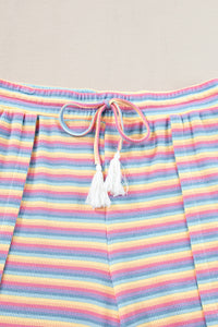 Pink Stripe Rainbow Tee Tasseled String Wide Leg Pants Set
