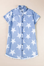 Load image into Gallery viewer, Sky Blue Stars Frayed Hem Collared Short Sleeve Denim Dress
