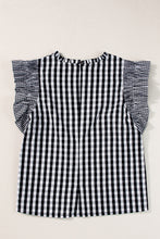 Load image into Gallery viewer, Black Checkered Ruffled Sleeve Frilled Neck Blouse
