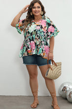 Load image into Gallery viewer, Black Plus Tropical Print Ruffled Sleeve Flowy Blouse
