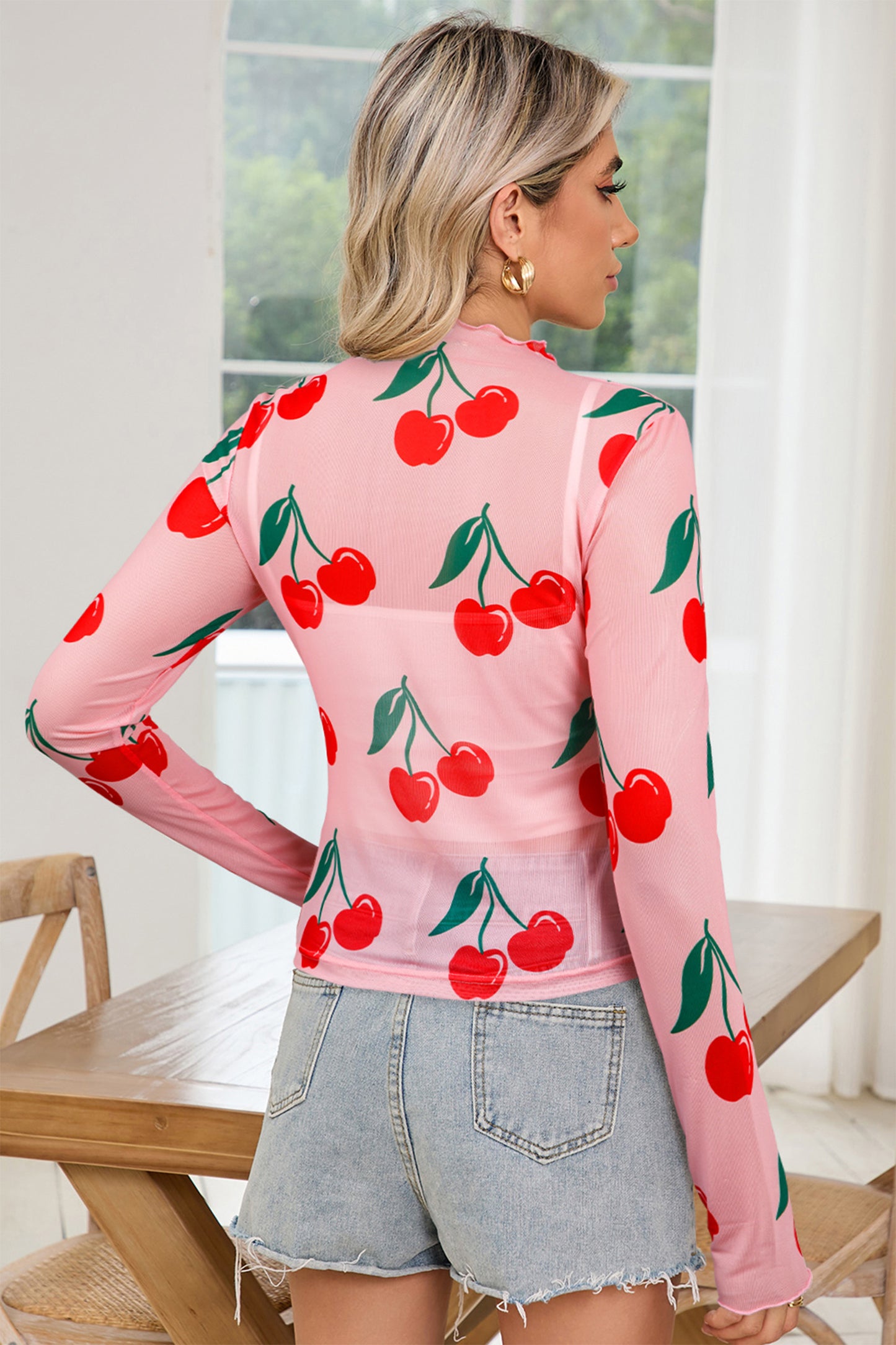 Pink Cherry Print Lettuce Trim Long Sleeve Mesh Top