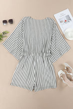 Load image into Gallery viewer, Gray 3/4 Wide Kimono Sleeves Tie Front Striped Romper with Pockets
