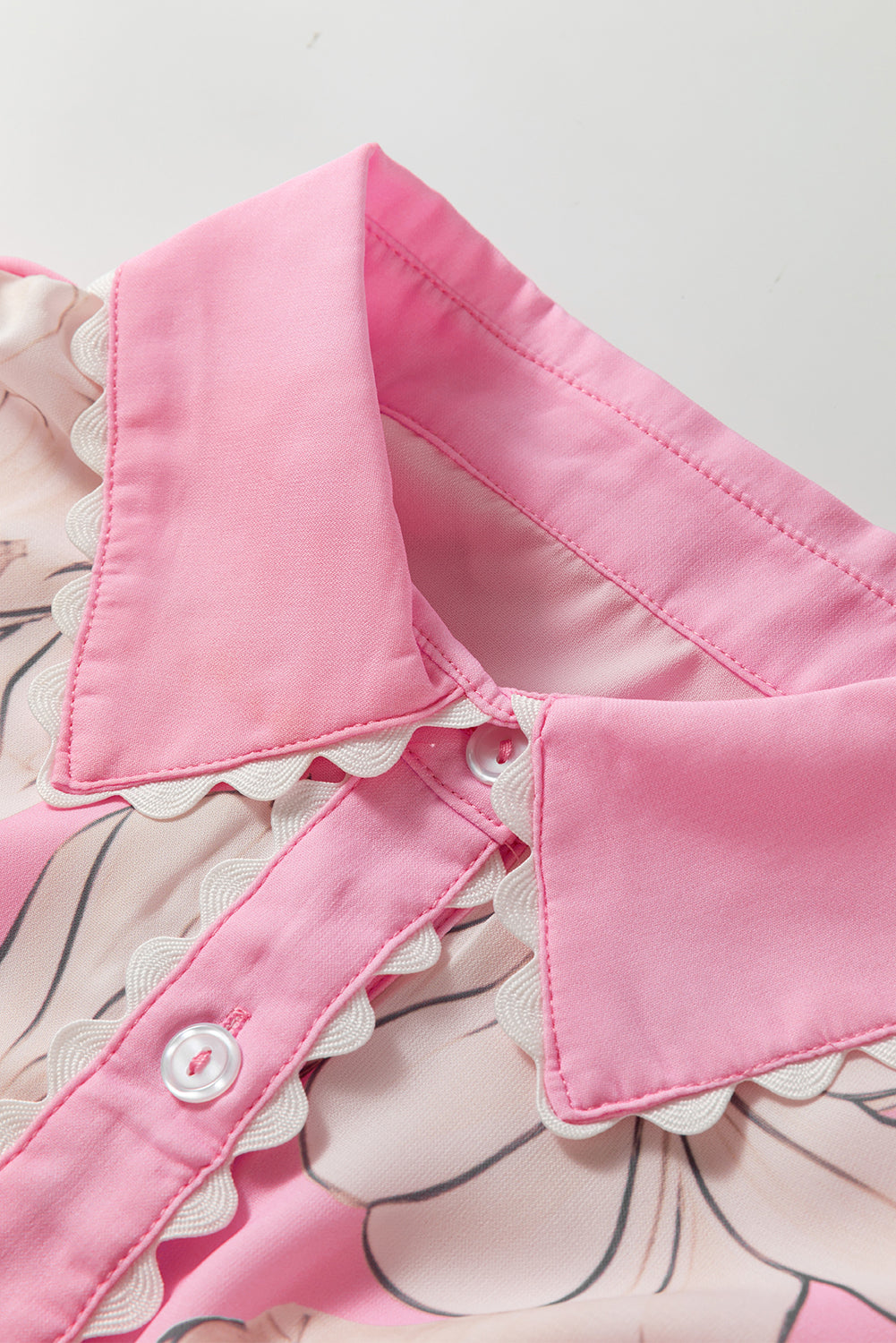 Sky Blue Floral Ric Rac Edge Puff Sleeve Button Up Summer Shirt