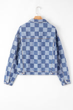 Load image into Gallery viewer, Light Blue Checkered Patchwork Button up Denim Jacket
