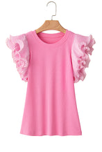 Load image into Gallery viewer, Strawberry Pink Ruffled Pleated Mesh Sleeve Ribbed Knit Slim Fit T Shirt
