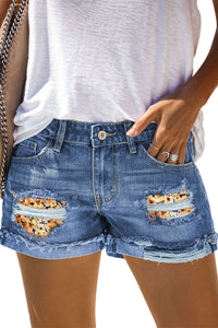 Camo Patchwork Rolled Hem Denim Shorts