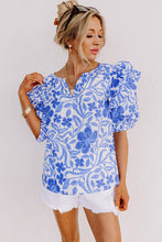 Load image into Gallery viewer, Dark Blue Floral Print Ruffled Bubble Sleeve Blouse
