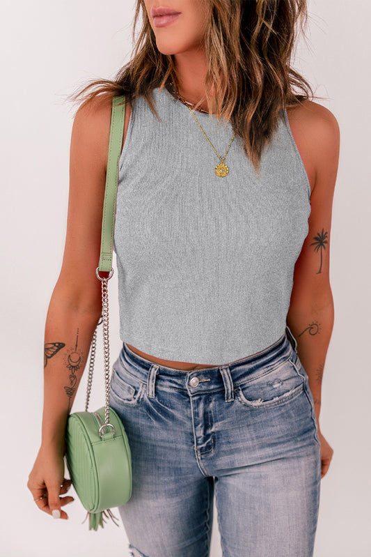 Black Rib Knit Crew Neck Sleeveless Crop Top