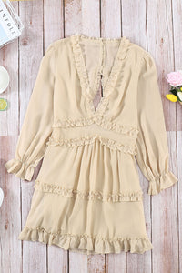 Beige V Neck Ruffle Detailing Open Back Dress