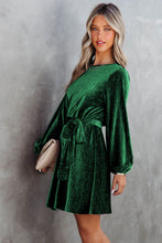 Load image into Gallery viewer, Green Tie Waist Crinkle Velvet Dress
