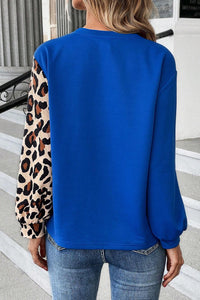 Dark Blue Leopard Print Colorblock Long Sleeve Top