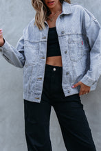 Load image into Gallery viewer, Sky Blue Stripe Washed Oversize Pocketed Denim Jacket
