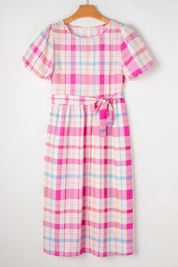 Pink Checkered Puff Sleeve Belted Midi Dress