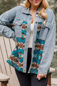 Blue Aztec Printed Denim Jacket