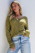 Load image into Gallery viewer, Sage Green Solid Eyelet Drop Shoulder V Neck Sweater
