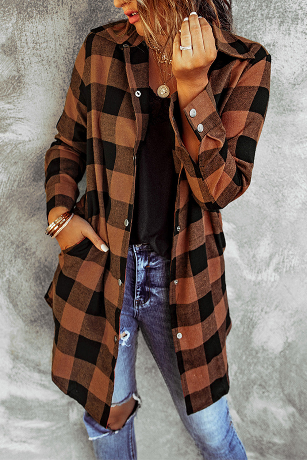 Green Turn-down Collar Plaid Shirt Coat