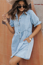 Load image into Gallery viewer, Beau Blue Mineral Wash Ruffled Short Sleeve Buttoned Denim Dress
