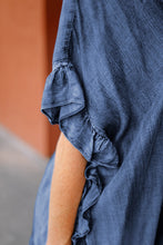 Load image into Gallery viewer, Dusk Blue Chambray Ruffle Hem Half Sleeve Open Loose Kimono
