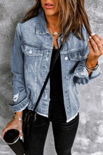 Load image into Gallery viewer, Sky Blue Lapel Distressed Raw Hem Buttons Denim Jacket
