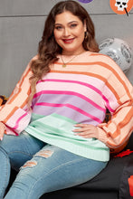 Load image into Gallery viewer, Pink Stripe Color Block Balloon Sleeve Crewneck Plus Size Sweater
