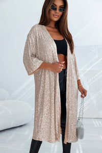 Black Sequin 3/4 Sleeve Open Front Duster Kimono