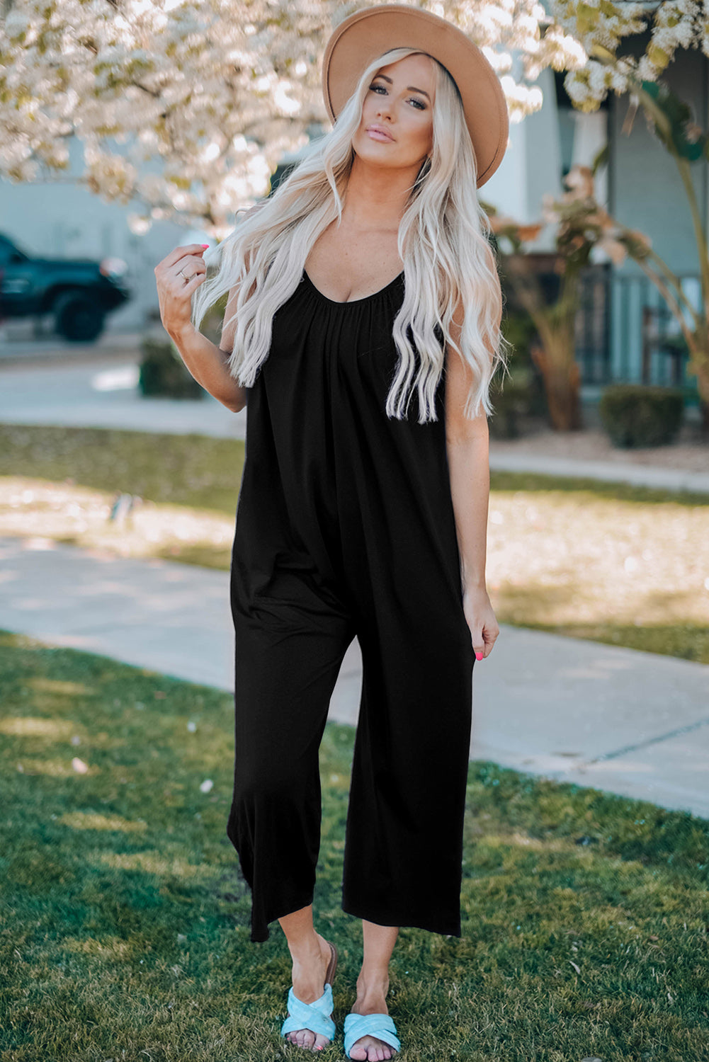 Fiery Red Spaghetti Straps Wide Leg Pocketed Jumpsuits