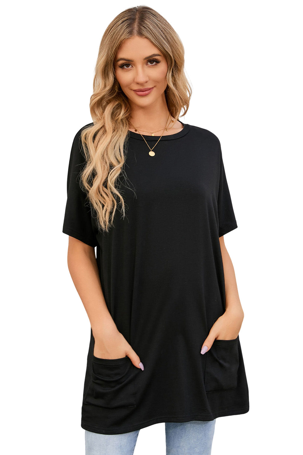 Gray Side Pockets Short Sleeve Tunic Top