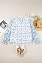 Load image into Gallery viewer, Sky Blue Geometric Print Shirred Puff Sleeve V Neck Blouse
