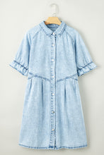 Load image into Gallery viewer, Beau Blue Mineral Wash Ruffled Short Sleeve Buttoned Denim Dress
